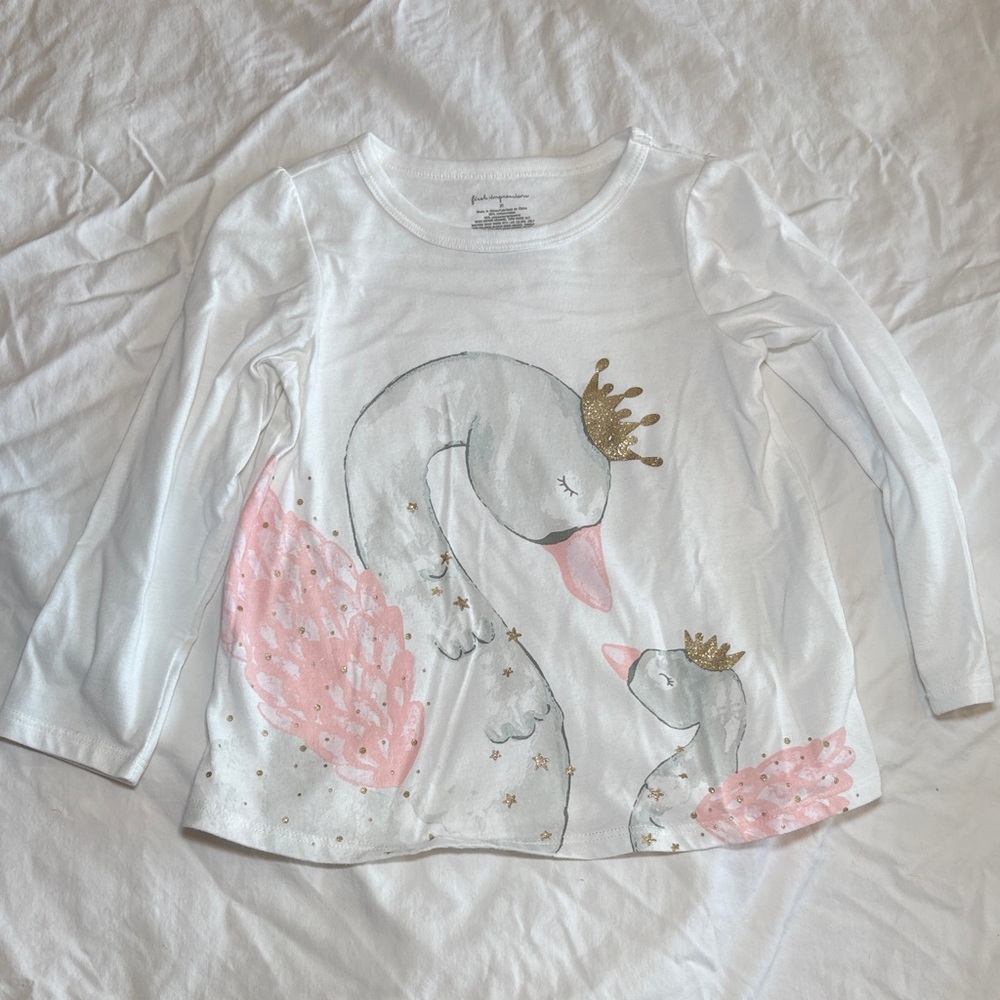 First Impressions White Long-Sleeve Swan Top with Pink & Gold Accents